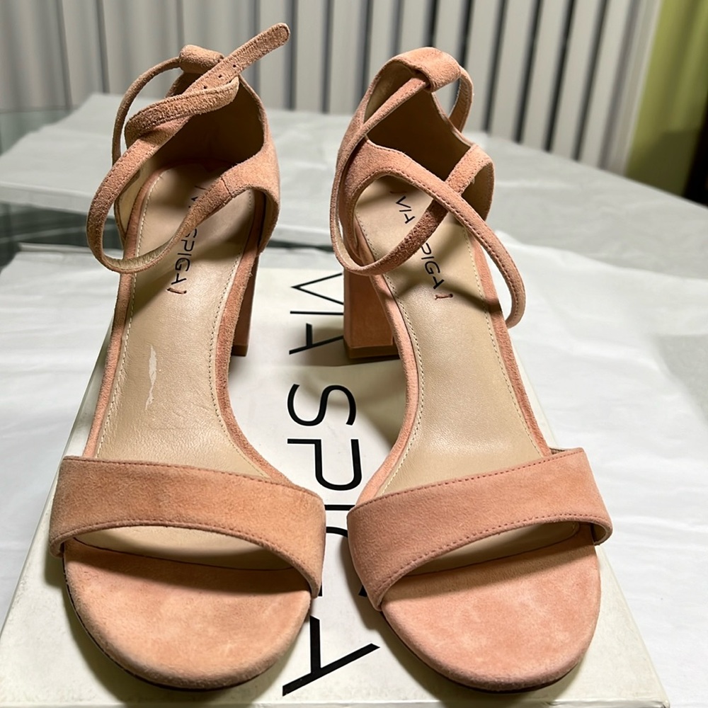 Via Spiga Blush Pink Suede Block Heel Sandals